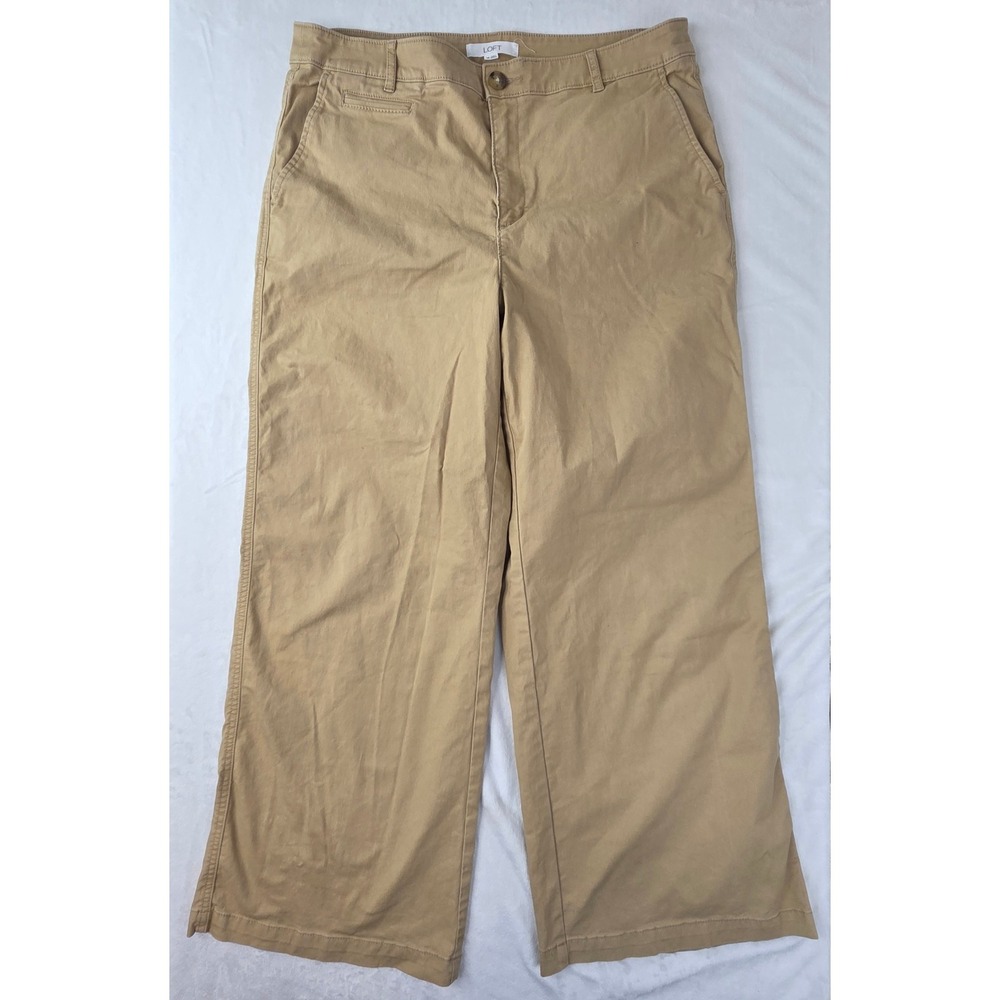 Loft Pants Women 14 Tan Wide Leg Chino Trousers Excellent - Picture 3 of 11